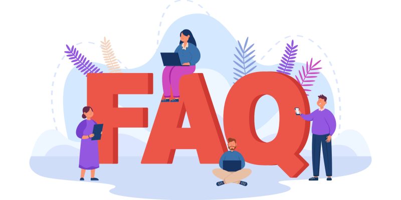 Tiny business people with giant FAQ letters. Gadget users searching for instructions or useful information flat vector illustration. Customer support, solution concept for banner or landing web page